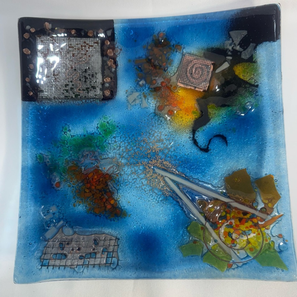 Multi-Color Fused Art Glass 9 3/4 Square Plate Trinket Dish Vintage